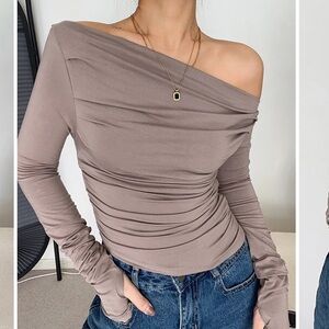 Commense Asymmetrical Off Shoulder Long Sleeve Shirt - Light Brown M NWT